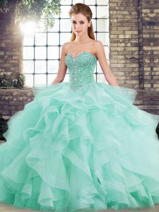 Custom Fit Sweetheart Sleeveless Tulle Quinceanera Dress Beading and Ruffles Brush Train Lace Up