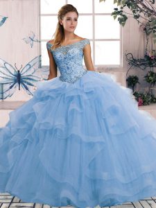 Delicate Sleeveless Tulle Floor Length Lace Up Sweet 16 Dress in Blue with Beading and Ruffles