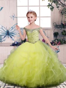 Excellent Ball Gowns Little Girls Pageant Gowns Yellow Green Off The Shoulder Tulle Sleeveless Floor Length Side Zipper