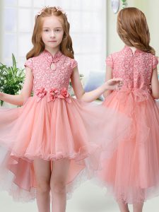 Peach Child Pageant Dress Wedding Party with Lace and Hand Made Flower High-neck Cap Sleeves Zipper