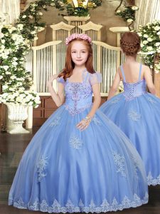 Tulle Straps Sleeveless Lace Up Appliques Little Girls Pageant Gowns in Baby Blue