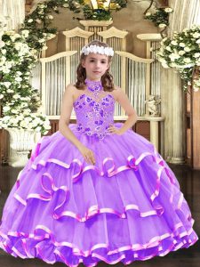 Low Price Floor Length Lavender Little Girls Pageant Dress Wholesale Organza Sleeveless Appliques and Ruffled Layers