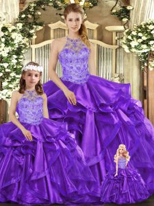 Nice Purple Ball Gowns Organza Halter Top Sleeveless Beading and Ruffles Floor Length Lace Up Quinceanera Gown