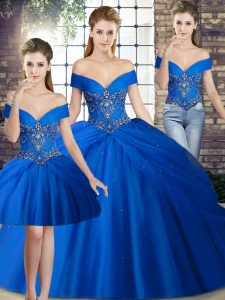 Amazing Royal Blue Three Pieces Tulle Off The Shoulder Sleeveless Beading and Pick Ups Lace Up Quinceanera Dresses Brush Train