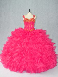 Red Organza Lace Up Vestidos de Quinceanera Sleeveless Floor Length Beading and Ruffles