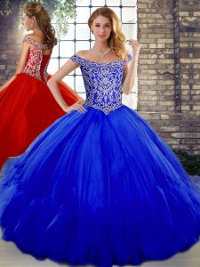 Best Selling Royal Blue Sleeveless Floor Length Beading and Ruffles Lace Up Vestidos de Quinceanera