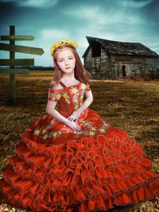 Inexpensive Orange Red Organza Lace Up Pageant Gowns For Girls Short Sleeves Floor Length Embroidery and Ruffled Layers