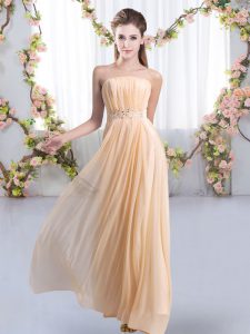 Strapless Sleeveless Court Dresses for Sweet 16 Sweep Train Beading Peach Chiffon