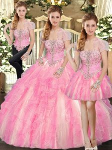 Ball Gowns Vestidos de Quinceanera Baby Pink Strapless Tulle Sleeveless Floor Length Lace Up