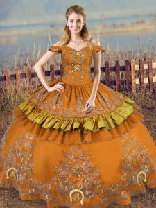 Brown Off The Shoulder Neckline Embroidery Quinceanera Gown Sleeveless Lace Up