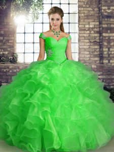 Floor Length Lace Up Ball Gown Prom Dress Green for Military Ball and Sweet 16 and Quinceanera with Beading and Ruffles