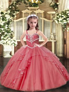 Pink Lace Up Little Girl Pageant Dress Beading and Ruffles Sleeveless Floor Length