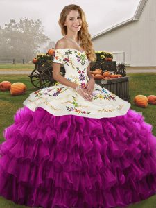 Glorious Floor Length Fuchsia 15th Birthday Dress Organza Sleeveless Embroidery and Ruffled Layers