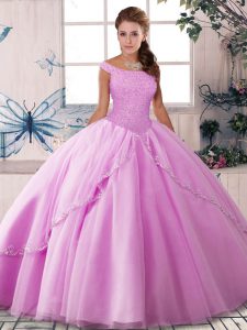 Nice Sleeveless Tulle Brush Train Lace Up Quinceanera Gowns in Lilac with Beading