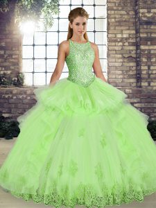 Spectacular Yellow Green Quinceanera Dresses Military Ball and Sweet 16 and Quinceanera with Lace and Embroidery and Ruffles Scoop Sleeveless Lace Up