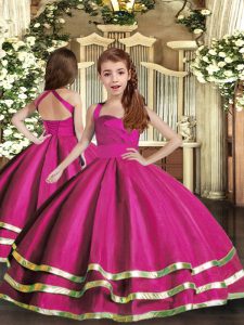 Ruffled Layers and Ruching Kids Formal Wear Fuchsia Lace Up Sleeveless Floor Length