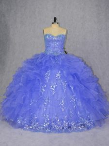 Modern Sweetheart Sleeveless Quinceanera Gowns Floor Length Appliques and Ruffles Purple Organza