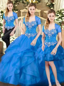 Blue Sleeveless Floor Length Beading and Ruffles Lace Up Quinceanera Gown