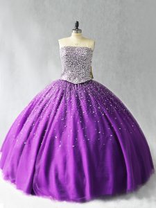 Purple Ball Gowns Beading Quinceanera Gowns Lace Up Organza Sleeveless Floor Length