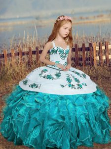 Floor Length Aqua Blue Little Girls Pageant Gowns Organza Sleeveless Embroidery and Ruffles