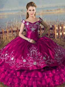 Fuchsia Ball Gowns Off The Shoulder Sleeveless Satin and Organza Floor Length Lace Up Embroidery and Ruffled Layers Quinceanera Gowns