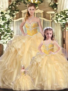 Exceptional Floor Length Lace Up Sweet 16 Quinceanera Dress Champagne for Sweet 16 and Quinceanera with Beading and Ruffles