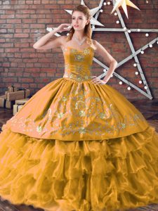 Gold Organza Lace Up Ball Gown Prom Dress Sleeveless Floor Length Embroidery and Ruffled Layers