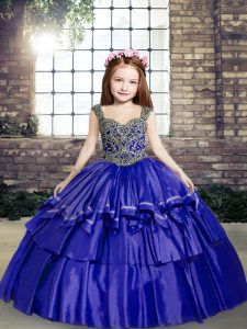 Stunning Blue Lace Up Little Girls Pageant Gowns Beading Sleeveless