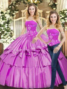 Strapless Sleeveless Sweet 16 Dresses Floor Length Beading Lilac Taffeta