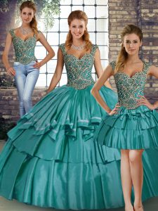 Beading and Ruffled Layers Sweet 16 Dresses Teal Lace Up Sleeveless Floor Length