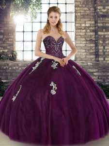 Floor Length Lace Up Sweet 16 Dresses Dark Purple for Military Ball and Sweet 16 and Quinceanera with Beading and Appliques