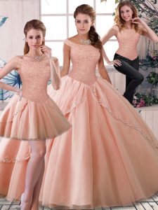 Peach Vestidos de Quinceanera Off The Shoulder Sleeveless Brush Train Lace Up