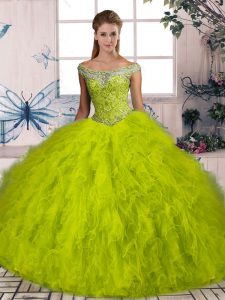 Ideal Olive Green Quinceanera Dress Tulle Brush Train Sleeveless Beading and Ruffles