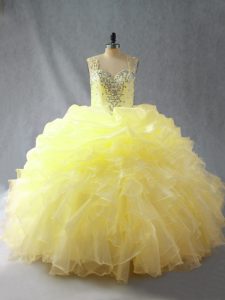 Attractive Yellow Ball Gown Prom Dress Sweet 16 and Quinceanera with Beading and Ruffles Straps Sleeveless Zipper