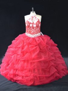 Deluxe Red Sleeveless Beading and Lace Floor Length Quinceanera Gown