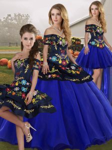 Sophisticated Ball Gowns Quinceanera Dresses Royal Blue Off The Shoulder Tulle Sleeveless Floor Length Lace Up