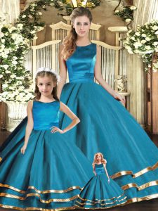 Floor Length Teal 15th Birthday Dress Tulle Sleeveless Ruffled Layers