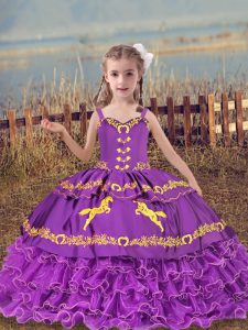 Trendy Floor Length Eggplant Purple Little Girls Pageant Dress Wholesale Organza Sleeveless Beading and Embroidery and Ruffled Layers