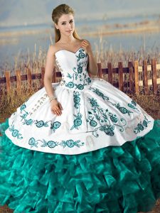 Sweetheart Sleeveless Satin and Organza Quinceanera Gowns Embroidery and Ruffles Lace Up