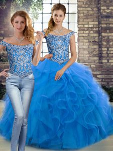 Enchanting Blue Tulle Lace Up Off The Shoulder Sleeveless Ball Gown Prom Dress Brush Train Beading and Ruffles