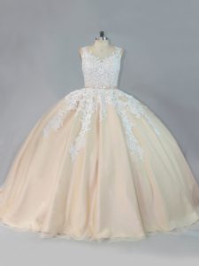 Elegant Champagne Ball Gowns Tulle Scoop Sleeveless Appliques Zipper Sweet 16 Dress Court Train