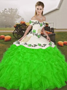 Green Sleeveless Floor Length Embroidery and Ruffles Lace Up 15th Birthday Dress