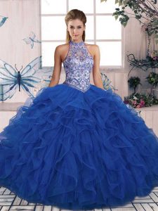 Tulle Halter Top Sleeveless Lace Up Beading and Ruffles Quinceanera Gowns in Blue