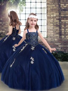 Super Sleeveless Tulle Floor Length Lace Up Little Girl Pageant Gowns in Navy Blue with Beading and Appliques