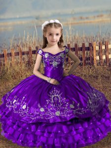 Ball Gowns Little Girl Pageant Dress Purple Off The Shoulder Satin and Organza Sleeveless Floor Length Lace Up