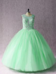 Tulle Scoop Sleeveless Lace Up Beading Sweet 16 Dresses in Apple Green