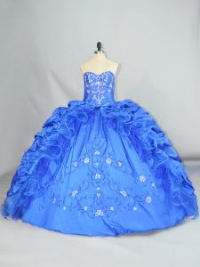 Elegant Sleeveless Floor Length Embroidery and Pick Ups Lace Up Ball Gown Prom Dress with Blue