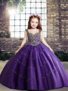 Sleeveless Tulle Floor Length Lace Up Girls Pageant Dresses in Purple with Beading