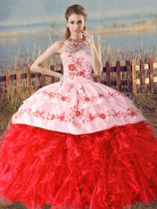 Custom Design Floor Length Red Quinceanera Dress Halter Top Sleeveless Court Train Lace Up