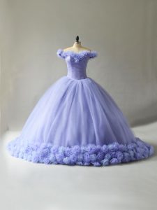 Lace Up Ball Gown Prom Dress Lavender for Sweet 16 and Quinceanera with Hand Made Flower Court Train